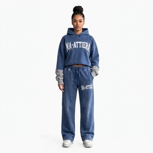 Conjunto de Sudadera Corta Azul con Efecto Ácido y Pantalones Jogger de Pierna Ancha para Mujer, de Algodón y Felpa, Estilo Urbano, Venta al por Mayor OEM - Product Image 1