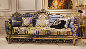 Juego de Sofás Chesterfield de 7 Plazas en Madera de Teca Sólida, Ecológica, Duradera y de Lujo, Color Azul Dorado Tallado, con Mesa de Centro para Sala de Estar o Villa - Product Image 3