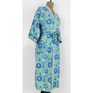 Pur Coton Printemps Túnica Boho de Lujo Estampada a Mano Estilo Kimono Indio de Jaipur Floral Verde Agua para Vacaciones, Playa y Ropa de Playa - Product Image 3