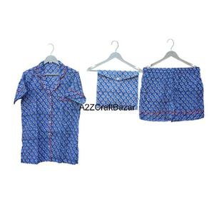 Short de pyjama pour femmes et filles, manches courtes, col en V, fermeture à cordon, 100% coton, imprimé numérique, respirant, doux - Product Image 1