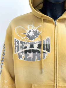 Sudadera con Capucha y Cremallera para Hombre, Estilo Urbano, Personalizada, de Algodón Grueso, Desgastada, Vintage, Lavada al Ácido, con Estampado Gráfico - Product Image 3