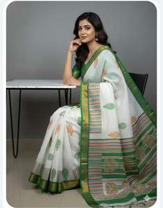 ผ้าไหมวานเด มาการาม ฮีเทอเรจ ซิลค์ สวадेश ซารี ผ้าไหมแท้ ทอแบบไตร-คัลเลอร์ ทิรันกา สีเหลืองอำพัน มรกต ผ้าไหมราชวงศ์ สไตล์ลำลอง - Product Image 5