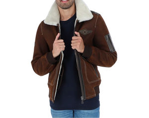 เสื้อแจ็คเก็ตมอเตอร์ไซค์ฤดูหนาวสำหรับผู้ชาย ปกทำจากขนแกะแท้สีน้ำตาล  ติดซิป ทรงเข้ารูป ผ้าฝ้าย 100% เป็นมิตรกับสิ่งแวดล้อม คุณภาพสูง - Product Image 2