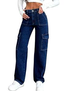 Pantalones Vaqueros Cargo de Pierna Recta Azul Oscuro para Mujer, Pantalones de Mezclilla de Cintura Alta con Bolsillos Utilitarios, Ropa Casual de Calle, Suministro del Fabricante, OEM - Product Image 1