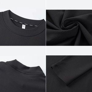 เสื้อยืดคอกลมแขนยาวสำหรับผู้ชายผ้าถักสีพื้นผ้าฝ้าย100% สไตล์สตรีทแวร์ - Product Image 3