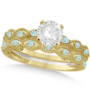 Conjunto nupcial vintage de oro amarillo de 14k con diamante y aguamarina de 1.20ct para bodas, fiestas, aniversarios, compromisos religiosos, regalo. - Product Image 1