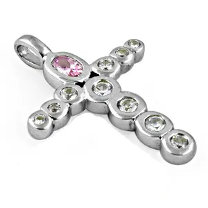 Colgante de Cruz de Plata Chapada en Oro con Circonitas Rosas y Blancas, Chapado en Oro de 18K, Estilo Religioso, Joyería con Dije, Regalo para Ella - Product Image 3