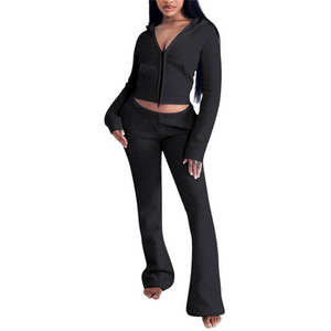 Costumes deux pièces chauds couleur unie ensemble femmes automne hiver vêtements ensembles col montant fermeture éclair sweat pantalon - Product Image 5