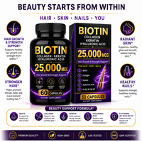 Complément alimentaire pour cheveux, peau et ongles à la biotine 25000 mcg, collagène, kératine, acide hyaluronique, croissance et force des cheveux, 60 capsules, étiquette privée OEM