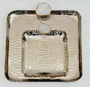 Plateau de service de luxe fait main en acier inoxydable plaqué argent avec poignée en agate, motif uni pour la décoration de table à la maison, plateaux à chocolat - Product Image 3