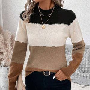 Jersey de punto de manga larga para mujer, suéter informal de invierno con borde cruzado con patrón de retazos y color de contraste - Product Image 4