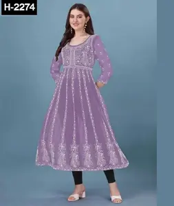 Indian Ethnic Wear Heavy Faux Georgette com Belo Bordado Trabalho Pronto Feito Kurtis com Plus Size Disponível para As Mulheres Desgaste