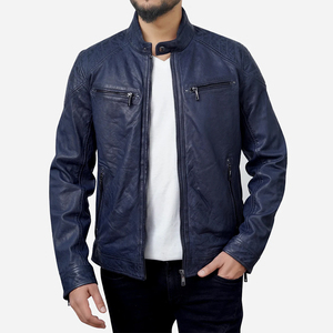 Veste zippée pour homme en cuir véritable noir jet, col en cuir véritable de qualité supérieure, veste élégante - Product Image 1