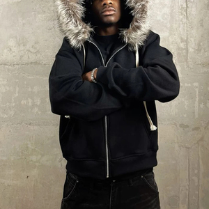 Chaqueta con Capucha Desmontable de Felpa Francesa de 400Gsm 500Gsm, Personalizada para Fabricantes de Ropa, con Cierre y Capucha de Piel Desgastada para Hombre - Product Image 4