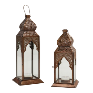 Juego de Faroles Decorativos de Metal y Vidrio para Ramadán, Forma Marroquí para Decoración de Eid, Faroles de Pie con Acabado Dorado Antiguo - Product Image 1