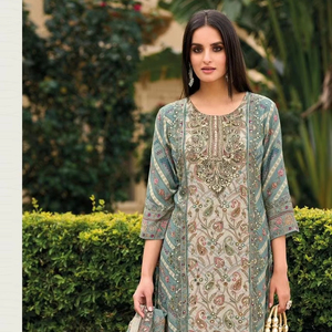 Aari intrincado trabajo hecho a mano rayón inferior a juego Maslin Dupatta Premium Maslin impresión Digital Shalwar Kameez para todos los indios viscosos - Product Image 1