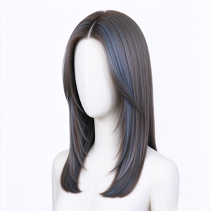 Perruque en cheveux humains lisses, marron avec reflets bleu cendré, coupe droite à la clavicule, avec frange rideau - Product Image 2