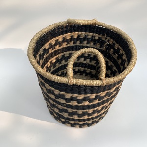 Round <b>Seagrass</b> Storage <b>Basket</b> with Handle Woven Black and Yellow Lid Best Price in Vietnam Low MOQ - Product Image 2