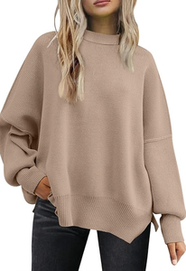 FALL <b>WOMEN</b> CHRISTMAS SWEATER <b>OVERSIZED</b> BATWING TRENDY CREWNECK SIDE SLIT KNIT PULLOVER TOPS LOOSE CASUAL KNITTED TOP - Product Image 3