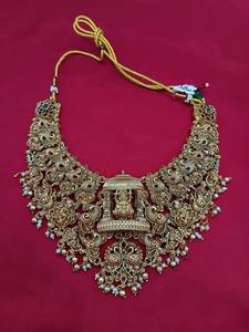 Conjunto de Joyería Étnica de Alta Calidad Chapado en Oro Antiguo, Collar Largo Estilo Choker y Aretes, para Novia, Boda, Fiesta, Estilo del Sur de la India - Product Image 3