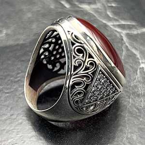 Handmade Vintage Oval Statement <b>Ring</b> for <b>Men</b> Bold Agate Gemstone Jewelry <b>Silver</b> Red Color Unique Fashion Accessory Gift for Him - Product Image 5