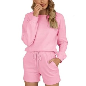 Conjunto de Sudadera Corta Lisa y Pantalones Cortos por Encima de la Rodilla para Mujer, Conjunto de Dos Piezas Casual y Moderno con Mangas Largas - Product Image 1