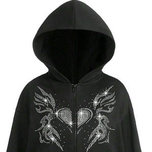 Sudadera con capucha personalizable con cremallera completa para mujer, Bling Sparkle Crystal Rhinestone bordado Logo 100% algodón orgánico para invierno - Product Image 3