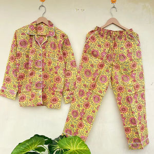 Ropa de dormir India hecha a mano 100% de algodón con estampado Floral para mujer elegante lujo Casual mañana caminar traje otoño Primavera Verano ODM - Product Image 1