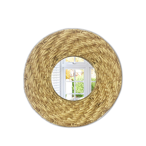 Miroir mural rond en bois et verre tissé à la main de style antique sur mesure en jacinthe naturelle pour intérieurs modernes et rustiques - Product Image 1