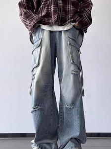 Pantalones vaqueros rasgados Retro personalizables para hombre, pantalones holgados rectos de pierna ancha Hip-hop Y2K, nuevos pantalones vaqueros de moda de talla grande - Product Image 6