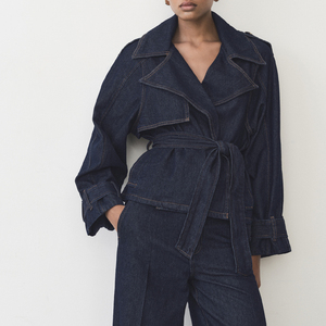 Chaqueta Estilo Gabardina Vaquera Oscura con Cinturón para Mujer, Abrigo Informal de Mezclilla Cruzada para un Estilo Moderno y a la Moda para el Día a Día - Product Image 3