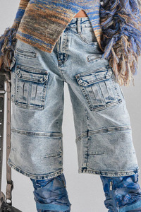 Jean semi-extensible délavé tendance 2026 avec ceinture cargo classique, cinq poches, style cargo, fermeture éclair avant et bouton - Product Image 4