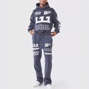 Conjunto de chándal de forro polar estilo vintage OEM para hombre, con sudadera transpirable con efecto lavado ácido y pantalones acampanados tipo jogger - Product Image 1