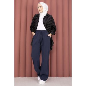 Pantalones Cargo Casuales Azul Marino de Pierna Ancha de Tencel con Diseño de Cintura Alta, Transpirables y con Técnica Antiarrugas para Primavera - Product Image 4