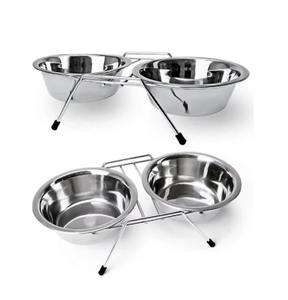 Approvisionnement direct d'usine en acier inoxydable Double dîner bol pour animaux de compagnie bols d'alimentation de voyage avec support en fil pour chiens chats et oiseaux - Product Image 1