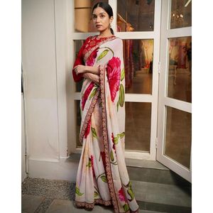 Diwali Collection meilleur tissu vêtements ethniques Georgette Saree avec chemisier avec impression numérique et broderie travail à vendre - Product Image 6
