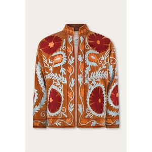 เสื้อแจ็คเก็ตซูซานีแบบกลับด้านได้ สีน้ำตาลอำพัน ปักลายดอกไม้สีแดง สำหรับฤดูใบไม้ร่วง/ฤดูหนาว  เสื้อคลุมตัวสั้นสไตล์บอมเบอร์ ทำจากหนังนิ่ม - Product Image 1