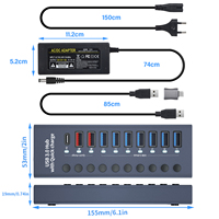 Hub de charge USB 10 ports alimenté 7A 3.0 5Gbps PD 20W Type C 2 Charge rapide 60W 12V 5A avec interrupteurs individuels pour ordinateur portable PC