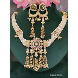 Women's Antique Golden Pearl Kundan <b>Necklace</b> & Earring Set with Bezel Set Round Brilliant Cut Zircon for Wedding-SKU An242MA/D-4 - Product Image 4