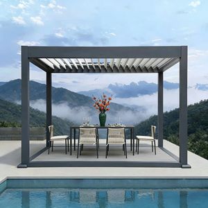 Pergola bioclimatique en aluminium pour patio, <span class=keywords><strong>jardin</strong></span>, villa <span class=keywords><strong>de</strong></span> villégiature, avec toit à lames orientables et gouttière <span class=keywords><strong>de</strong></span> drainage - Product Image 1