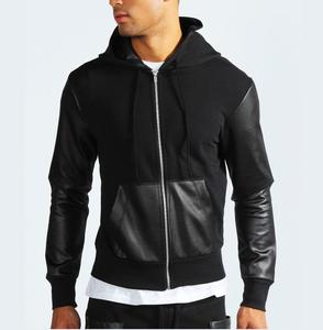 French Terry Custom Made Leather Sleeve <b>Hoodie</b> Sweatshirts Hooded Zip up Breathable Outdoor Workout <b>Biker</b> Works Hooded Jacket - Product Image 4