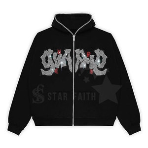 Sudadera con Capucha para Hombre, Estilo Hip Hop Casual, con Lavado Ácido, Pedrería y Detalles con Estampado de Diamantes, para Invierno - Product Image 1