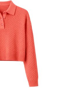 Pull polo court en tricot côtelé rose corail personnalisé pour femmes, manches longues, patte de boutonnage, doux, décontracté, mode d'hiver - Product Image 4
