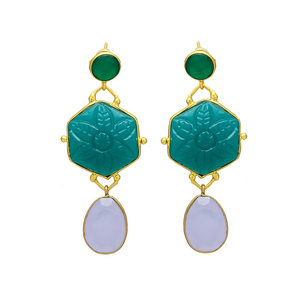 New Arrival Gold Plated Unique Flower Design Dangle <b>Earrings</b> with <b>Emerald</b> Hydro Gemstone Brass <b>Earrings</b> - Product Image 1