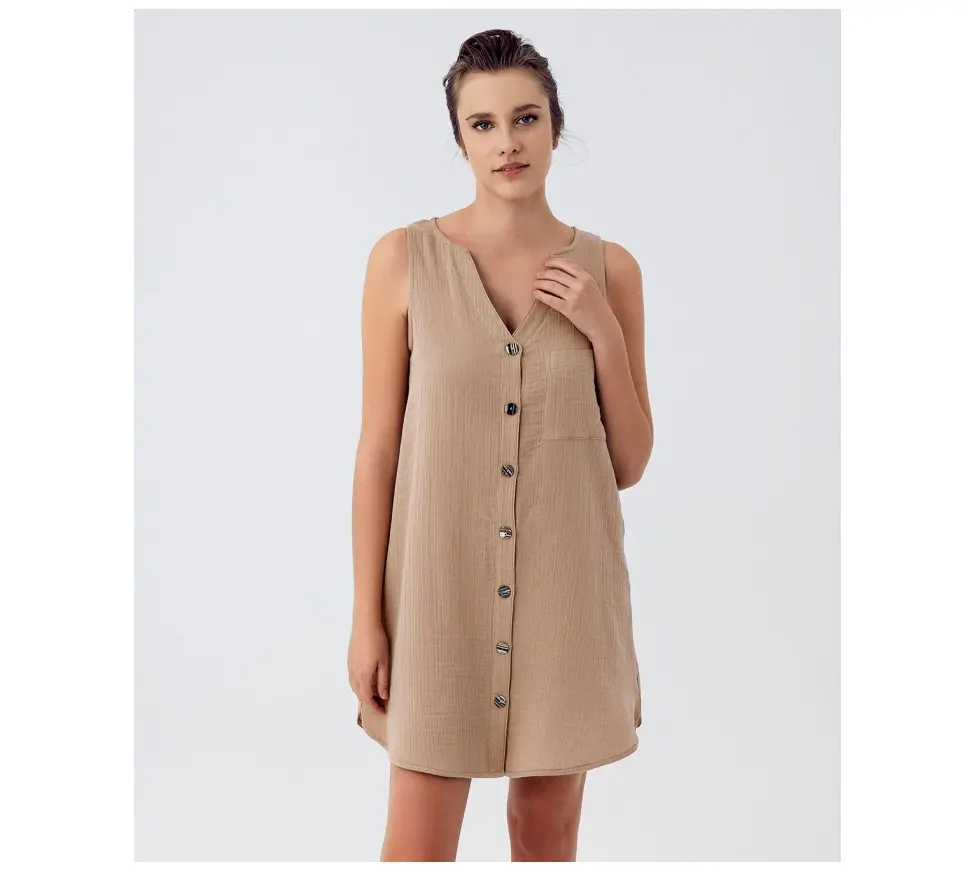 Personalizar Lounge Wear camisón sin mangas ropa de dormir de mujer muselina ropa de casa con cuello en V vestido de maternidad correa de espagueti Beige