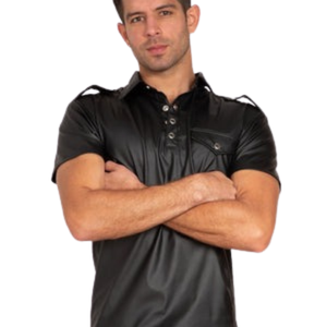 Chemise à manches courtes en similicuir pour homme, style noir, faux cuir, vêtements de club fétichistes, boutonnière sur le devant - Product Image 1