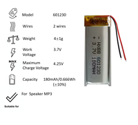 Baterai Lithium Polimer 601230 2 Kabel 601230-2 180mAh 3.7V Baterai Isi Ulang Kapasitas Tinggi untuk Speaker MP3
