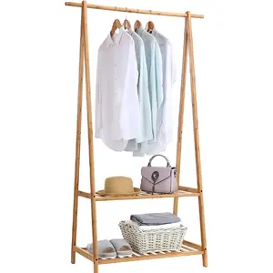 Bamboo Clothes Rack Portable Extra Large Garment Rack 2-Tire Storage Box Shelves For Entryway and Bed Room