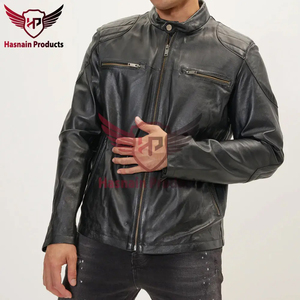Veste en cuir véritable noir pour homme, col à boutons-pression, double fermeture éclair sur la poitrine, en peau de mouton, style Cafe Racer, personnalisée, classique, vintage, vêtement d'extérieur d'hiver - Product Image 4