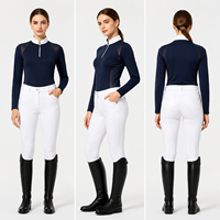 Damen Marine Reitshirt mit Viertelreißverschluss, feuchtigkeitsableitend, weißem Besatz und Mesh-Einsatz, Langarm, OEM-kundenspezifisch